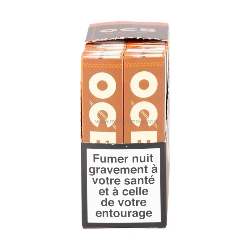 Boite OCB Slim Virgin vue de face avec mentions sanitaires - Boite de 50 carnets de feuilles à rouler naturelles et non blanchies.