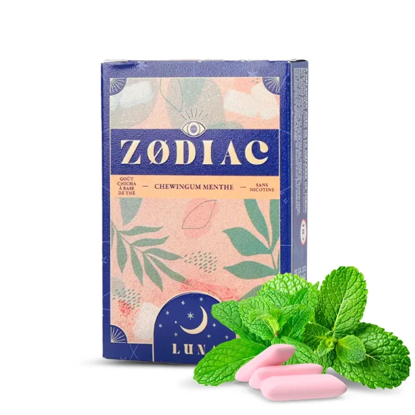 Zodiac, goût chicha sans tabac, sans nicotine, goût "Luna", chewing gum menthe.