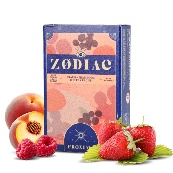 goût zodiac proxima - chicha sans tabac, sans nicotine, goût fraise, framboise pêche.