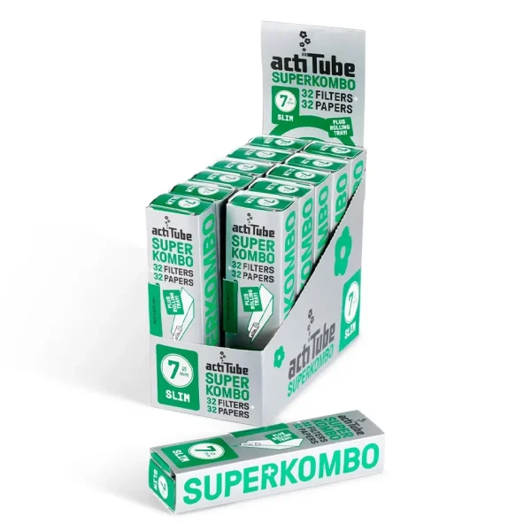 Actitube Superkombo : un carnet pratique tout en un contenant 32 filtres anti goudron Actitube + 32 feuilles à rouler slim.