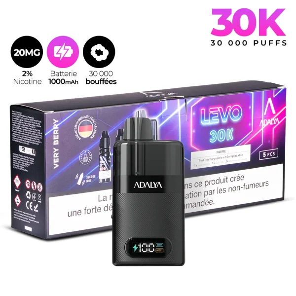 Puff Adalya Levo 30K - Boite de 5 puffs rechargeables avec nicotine.