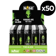 Présentoir de 50 briquets rechargeables en gaz décorés d'Alien - Allumage piézo-electrique