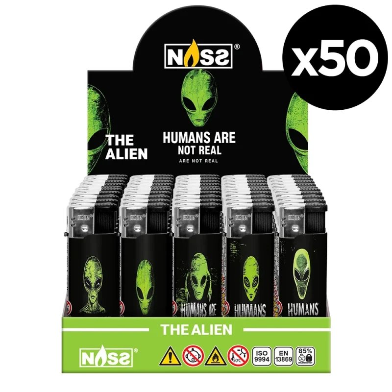 Présentoir de 50 briquets rechargeables en gaz décorés d'Alien - Allumage piézo-electrique