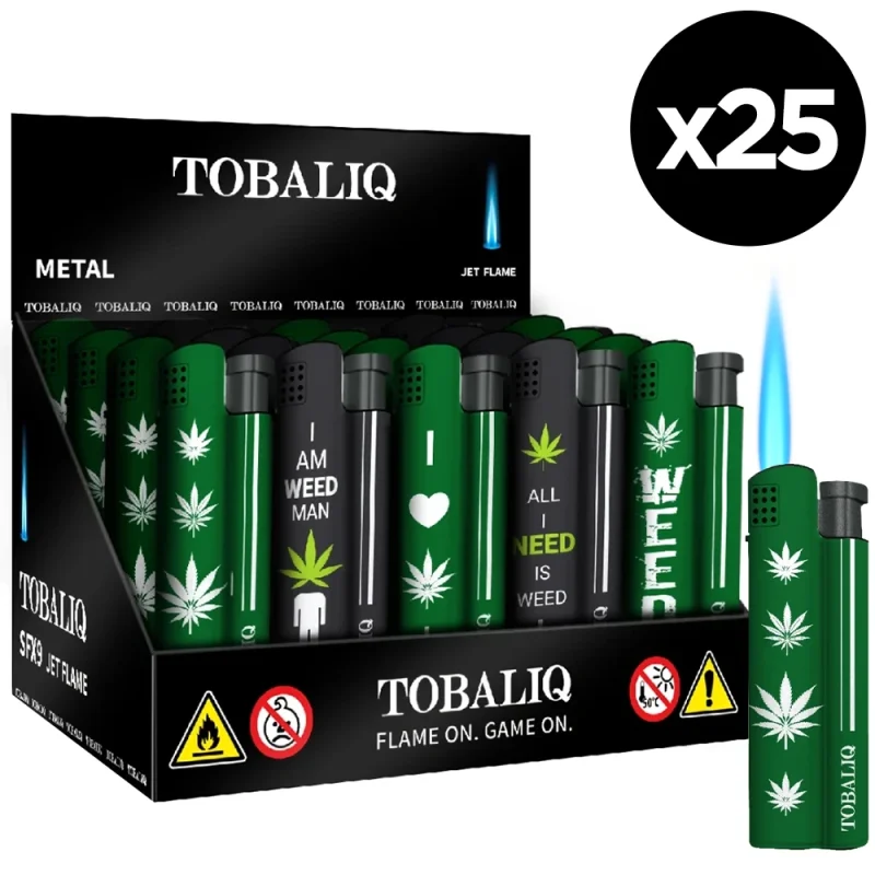 Display de 25 Briquets Torche décorés - Flamme bleue puissante - Rechargeables gaz