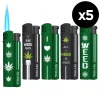 Lot de 5 briquets tempête "torche" flamme bleue puissante - Design original "Weed"