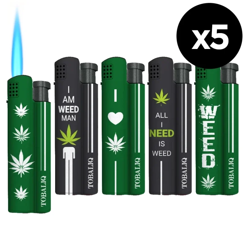 Lot de 5 briquets tempête "torche" flamme bleue puissante - Design original "Weed"