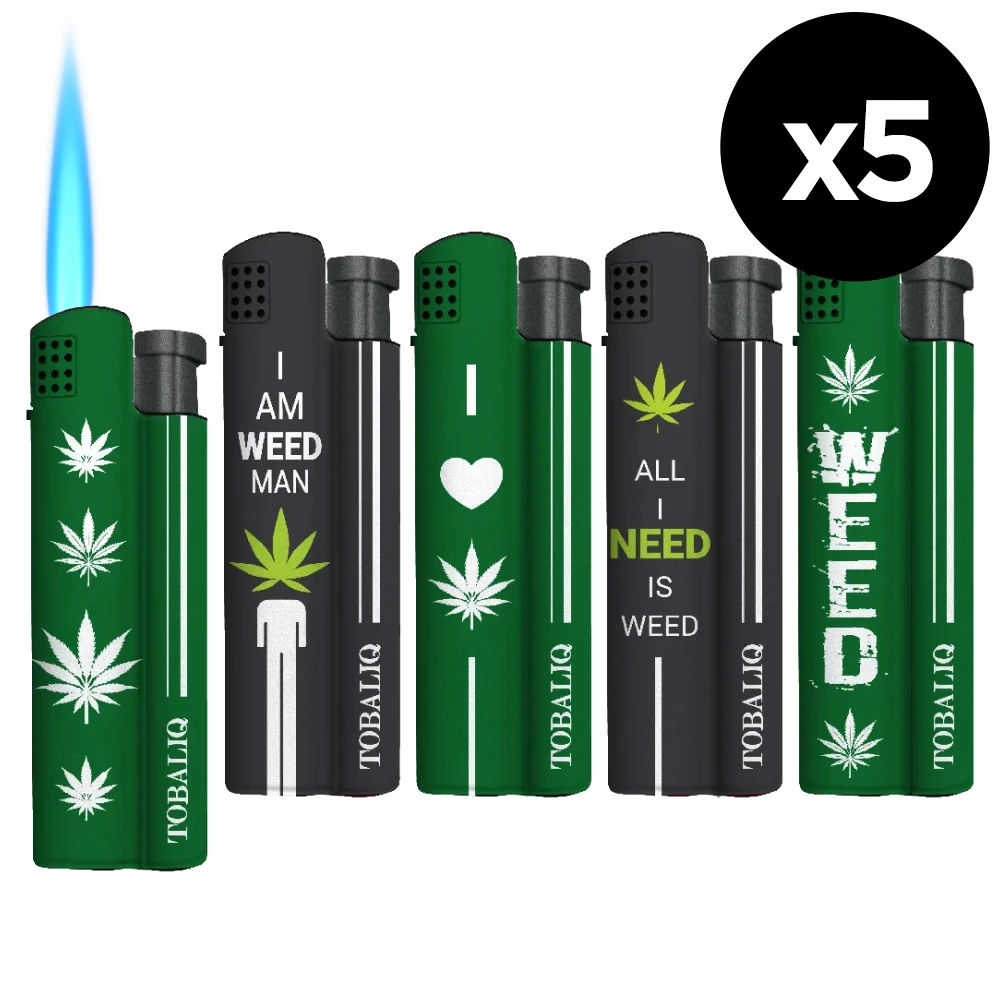 Lot de 5 briquets tempête "torche" flamme bleue puissante - Design original "Weed"