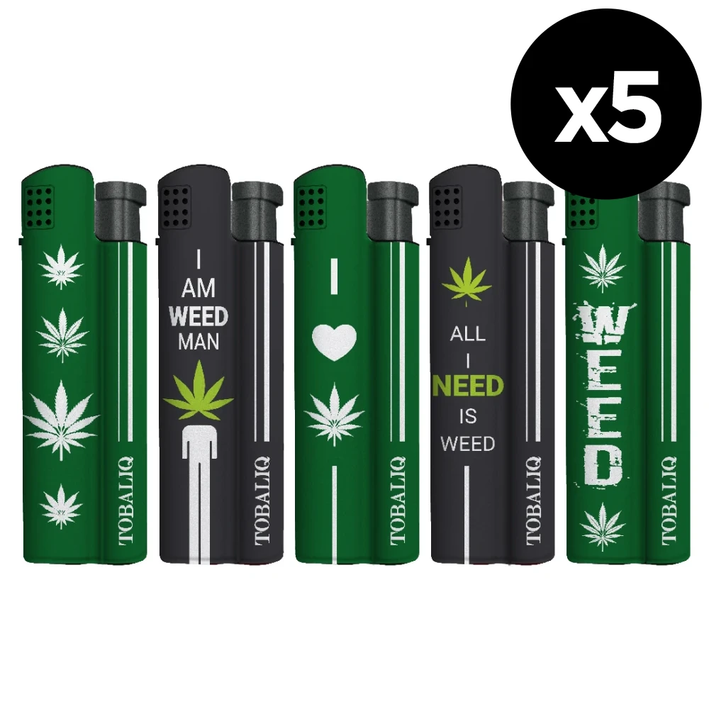 Lot de 5 briquets tempête "torche" flamme bleue puissante - Design original "Weed"