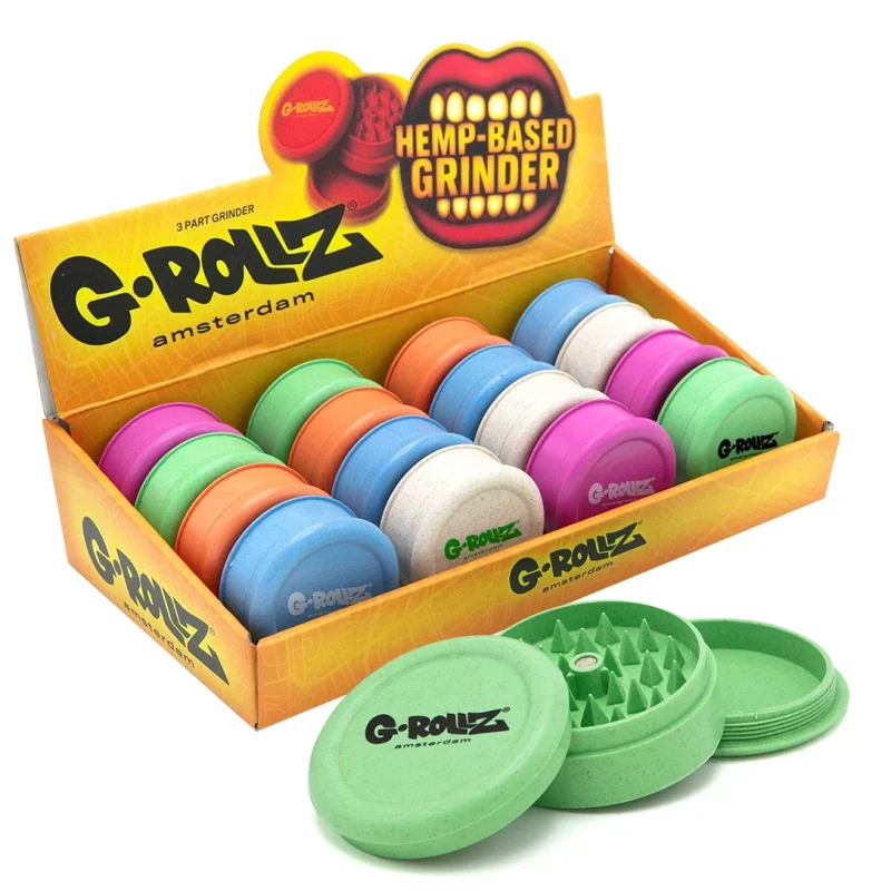 display de 16 grinders hemp grollz fabriqué avec du chanvre recyclé