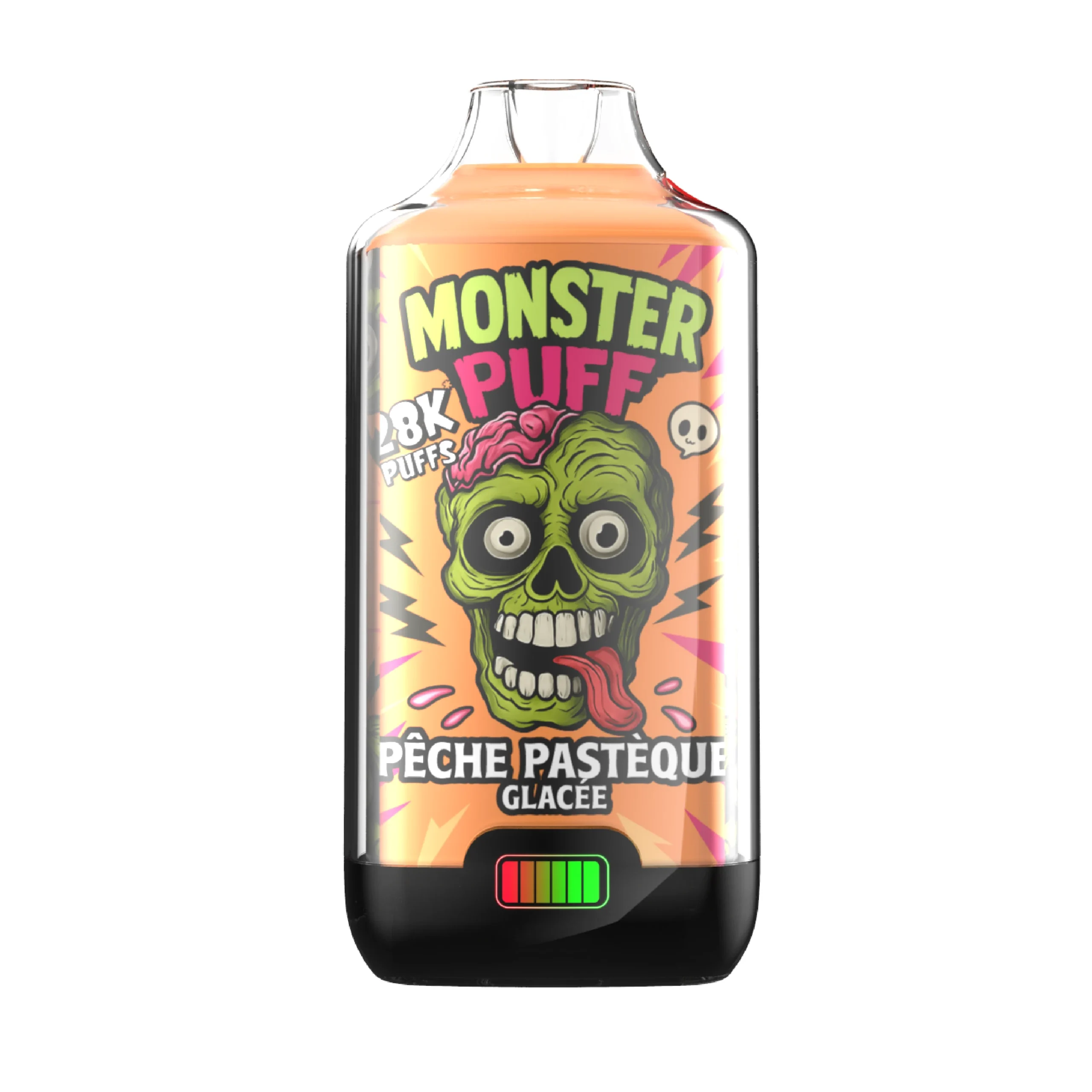 Puff 28K Pêche Pastèque MONSTER - rechargeable, gout intense, format compact rectangulaire.