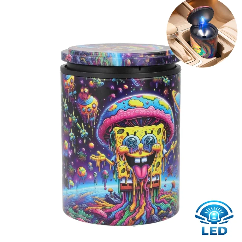 Cendrier voiture anti odeur avec couvercle et lumière led qui s'active à l'ouverture - idéal pour le porte gobelet de la voiture ! Design original Bob l'éponge