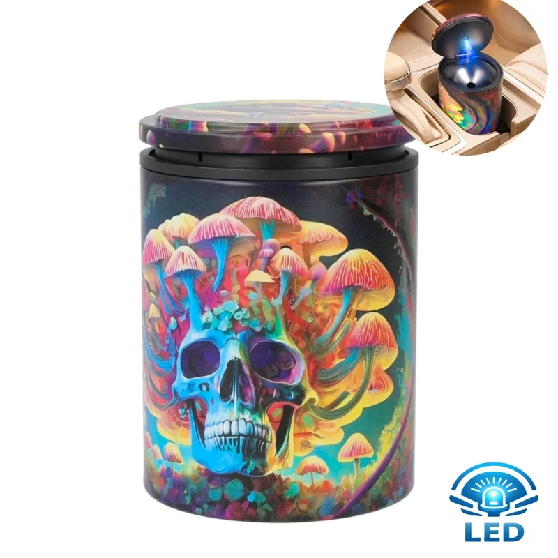 Cendrier de voiture avec couvercle et lumière led bleue - design skull têtes de mort et couleurs