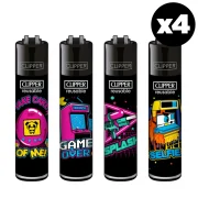 CLIPPER lot de 4 briquets rechargeables décorés de la collection 90ies. Briquet style rétro idéal pour offrir !