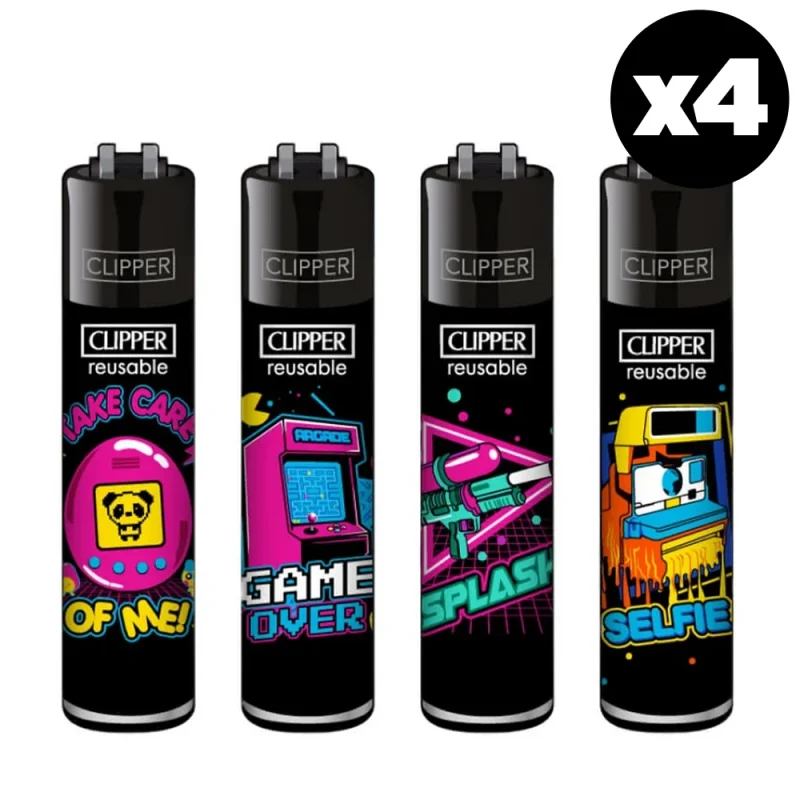 CLIPPER lot de 4 briquets rechargeables décorés de la collection 90ies. Briquet style rétro idéal pour offrir !