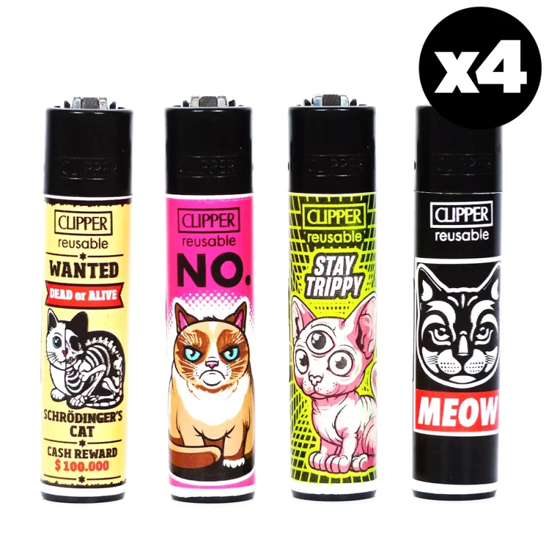 Lot de 4 briquets décorés rechargeables CLIPPER - Collection CATZ