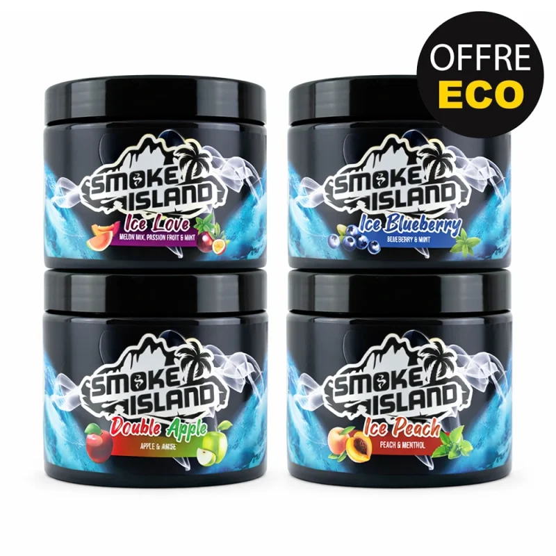 Goût chicha en lot pas cher - Pack de 4 pots Smoke Island, tabac chicha sans tabac, sans nicotine - plusieurs parfums au choix.
