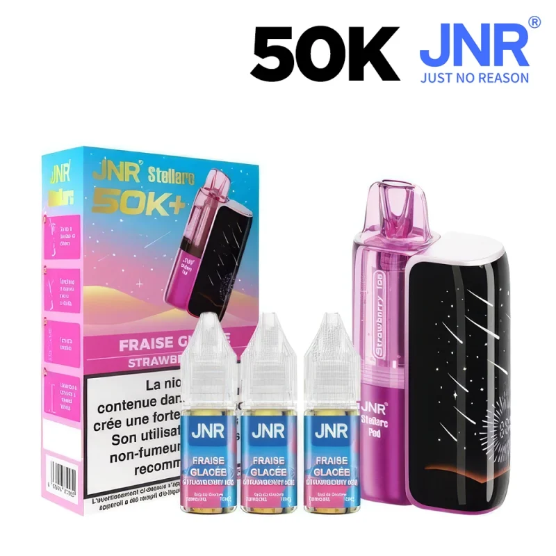 Puff 50K JNR Stellarc - Goût Fraise glacée - Puff rechargeable avec système pod et 3 fioles de eliquide JNR incluses.