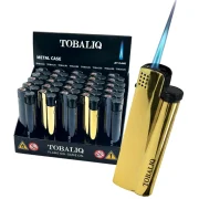 Présentoir de 25 briquets tempête dorés et noir - rechargeables en gaz - allumage electronique
