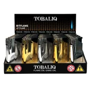 boite présentoir de 25 briquets or et argent avec flamme tempête, rechargeable en gaz et flamme réglable en intensité.