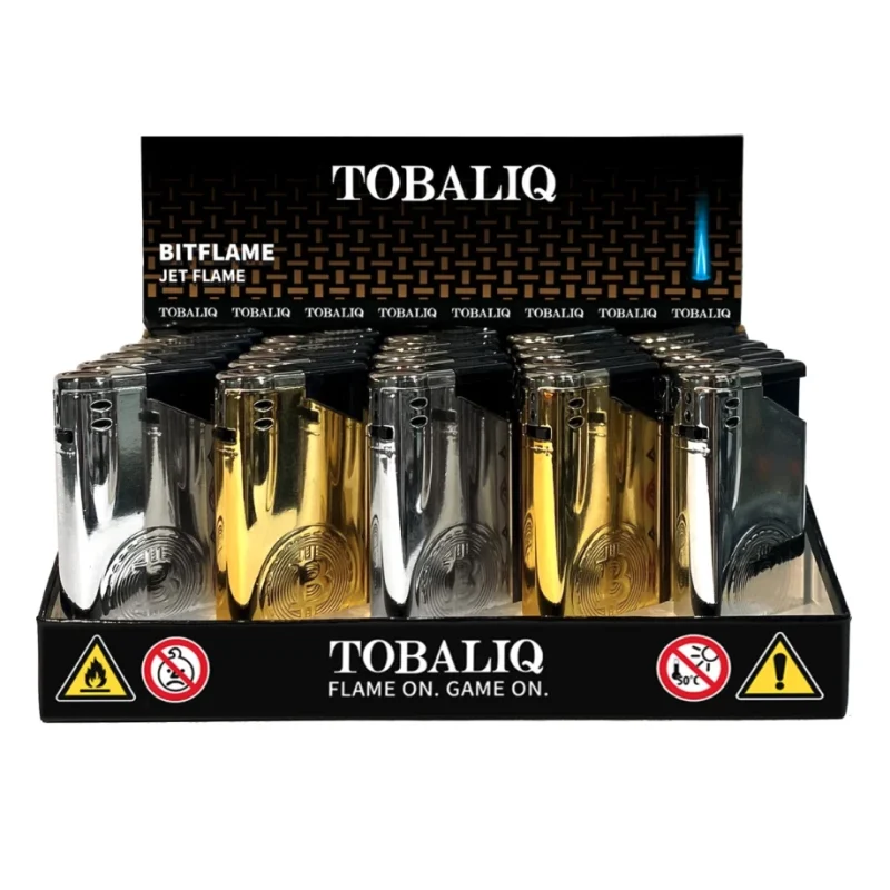 boite présentoir de 25 briquets or et argent avec flamme tempête, rechargeable en gaz et flamme réglable en intensité.