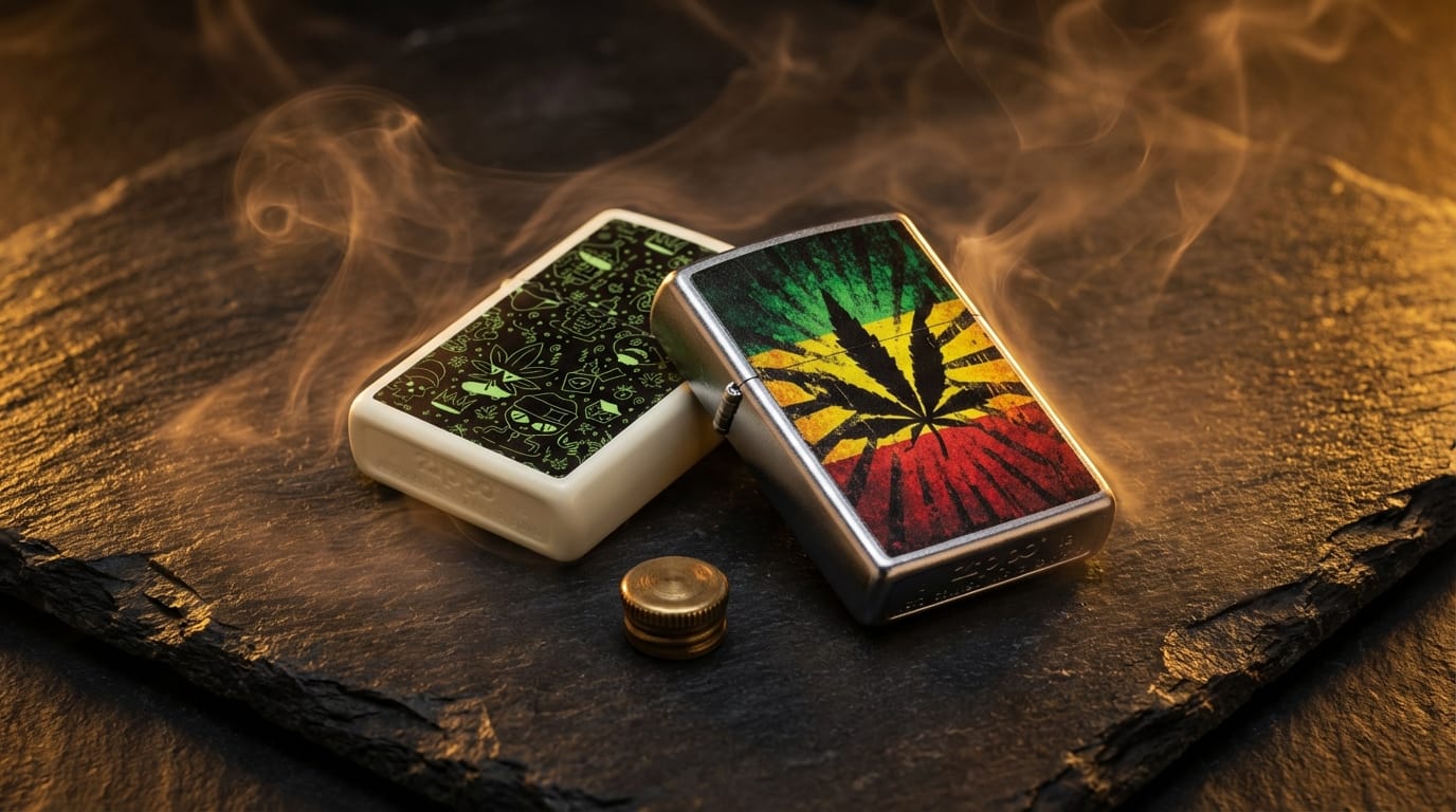 Briquets à essence rechargeables sur ardoise sombre avec éclairage doré ambiance vintage