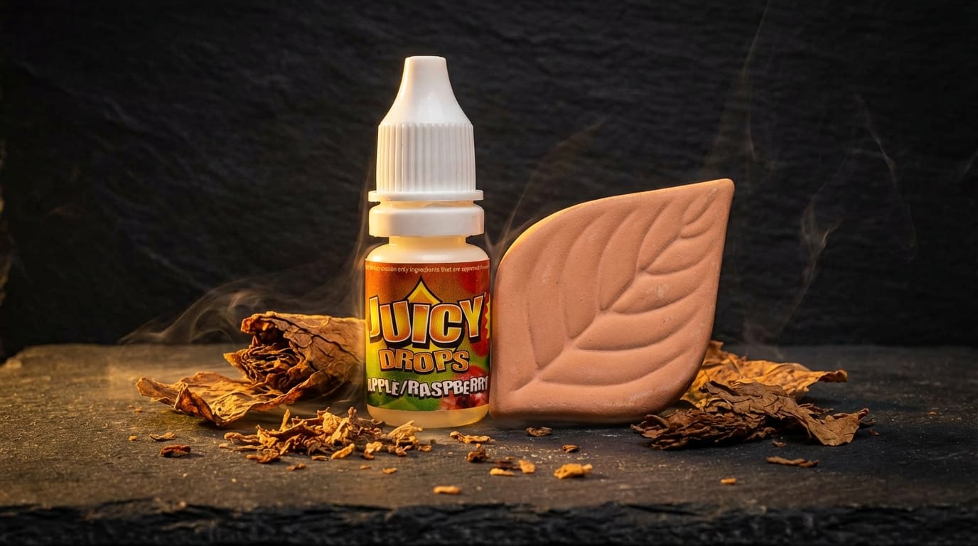 Humidificateur et aromatiseur tabac avec pierre en terre cuite et Juicy Drops sur ardoise