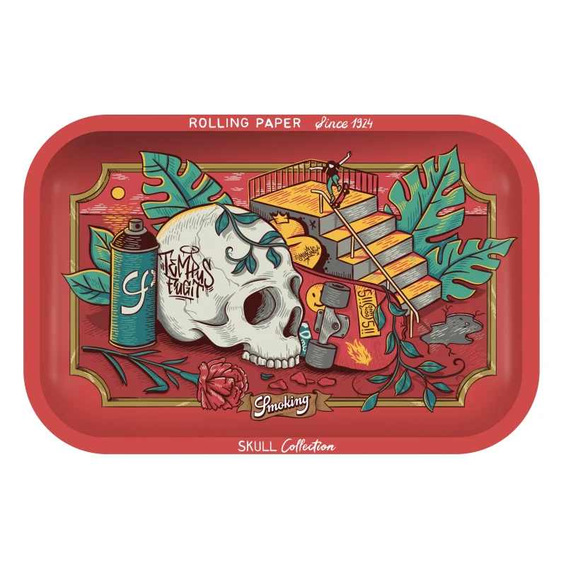 Plateau à rouler Smoking Tempus Fugit - Skull Collection - plateau rouge avec dessin tête de mort - marque smoking