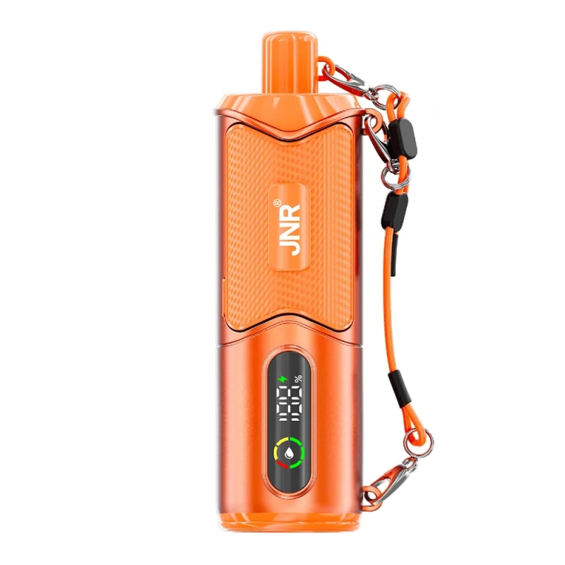 JNR Shishasip vue de face - puff format bouteille avec cordon - vu de l'écran avec niveau de batterie.