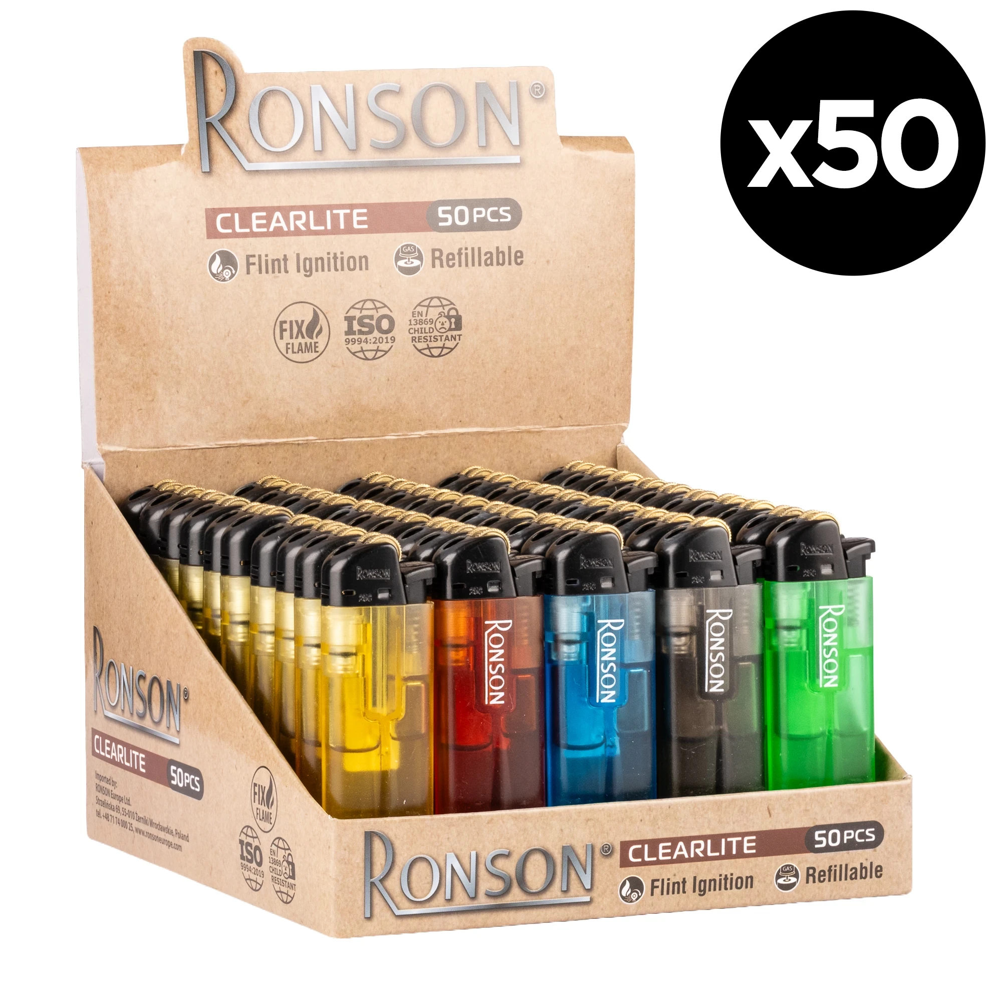 Boite de 50 briquets à pierre transparents Ronson