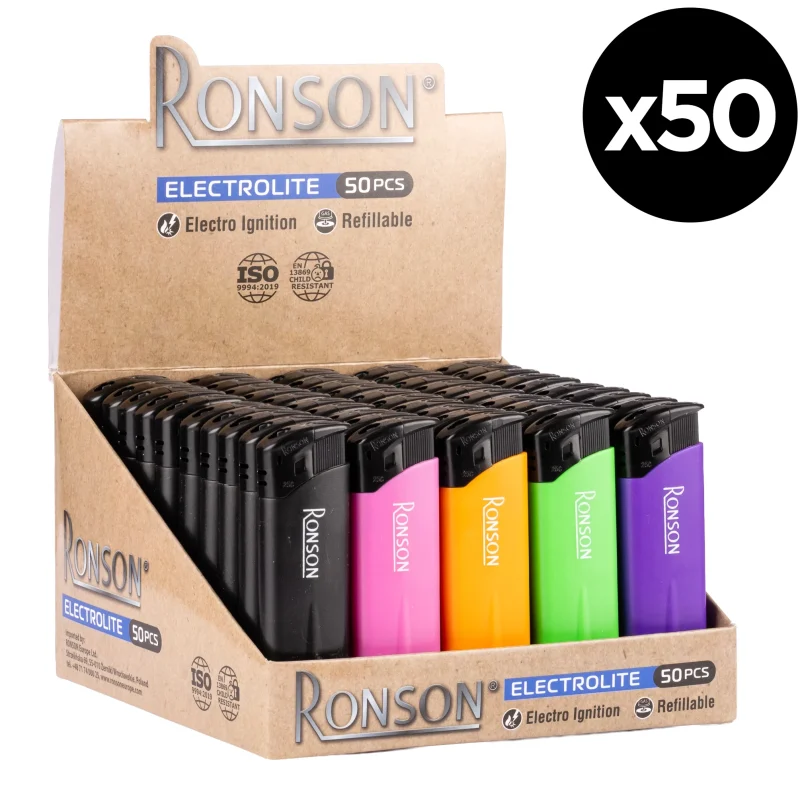 Boite de 50 briquets électroniques rechargeables en gaz - marque Ronson