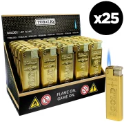 Présentoir de 25 briquets lingot d'or rechargeables au gaz - flamme tempete jet flamme