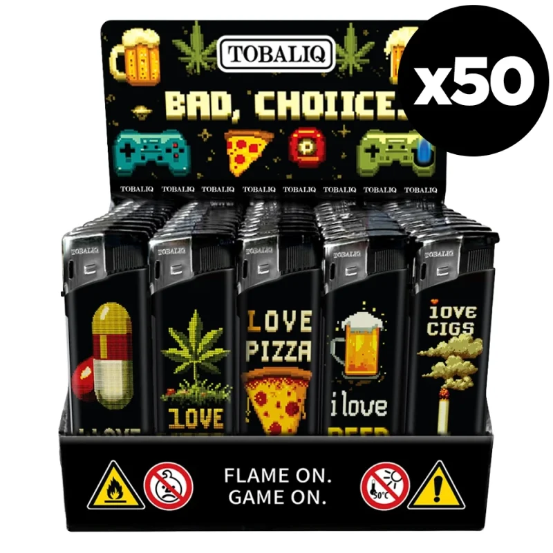 Boite de 50 briquets électroniques rechargeables en gaz et décorés pizza, joint, médicaments, alcool "bad choice".