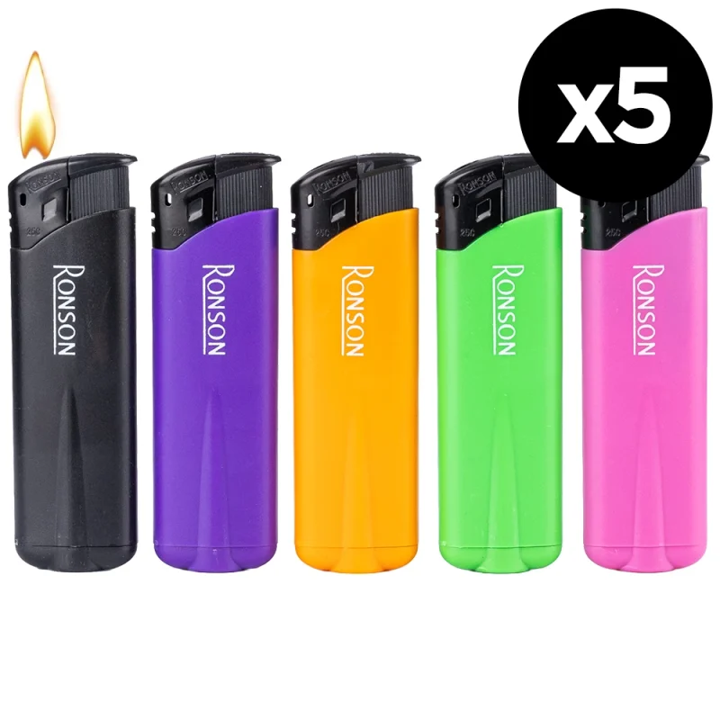 Assortiment de 5 briquets électroniques rechargeables en gaz - réutilisables de la marque RONSON