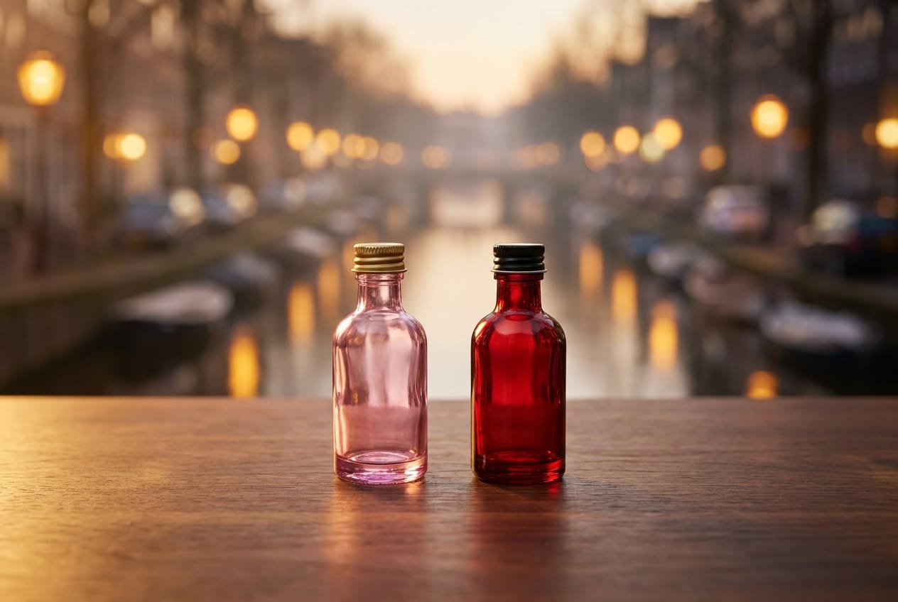 Poppers Amsterdam : guide complet de la marque hollandaise (Chill et Special) — flacons sur fond canal Amsterdam