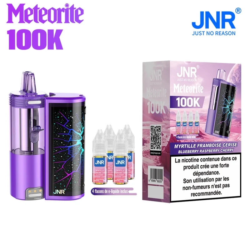 JNR 100K MEteorite - puff rechargeable 100000 bouffées llivrée avec 4 flacons de eliquide JNR Blueberry Raspberry Cherry