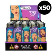 Présentoir de 50 briquets électroniques rechargeables - Flamme tempête - design original et féminin