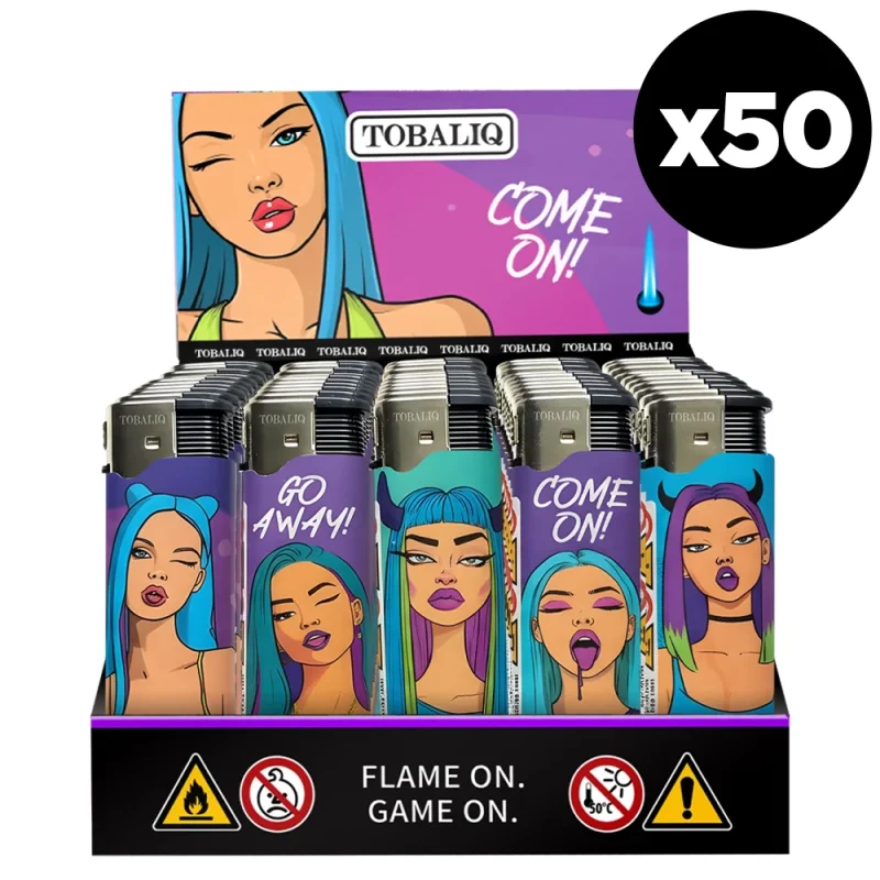 Présentoir de 50 briquets électroniques rechargeables - Flamme tempête - design original et féminin