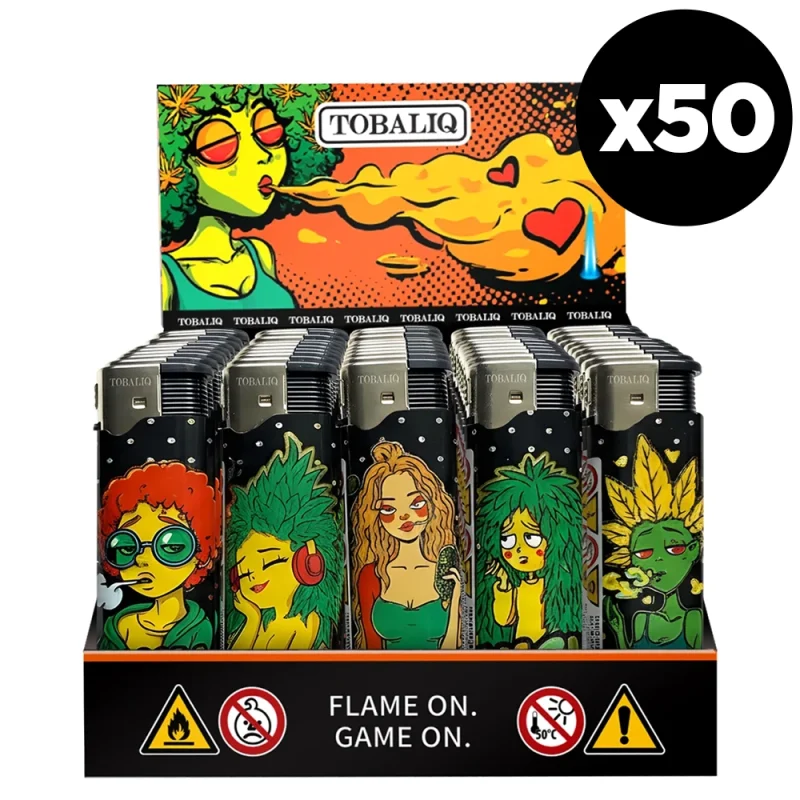 Présentoir de 50 Briquets Tempête Tobaliq "Green Queen" - briquets électroniuques rechargeables au gaz - flamme tempete jet flame