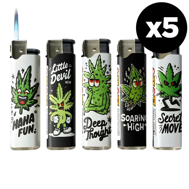 Lot de 5 briquets tempête "Weed Face" rechargeables - briquets au design original - flamme bleue puissante et rechargeables en gaz butane.