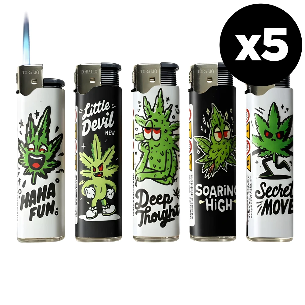 Lot de 5 briquets tempête "Weed Face" rechargeables - briquets au design original - flamme bleue puissante et rechargeables en gaz butane.