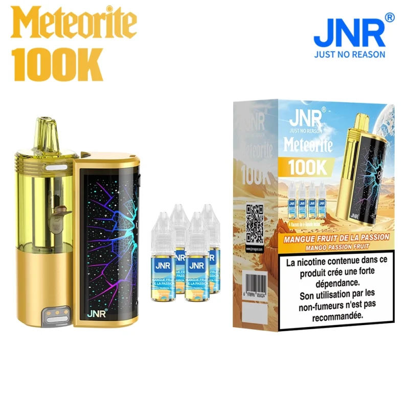 JNR 100K MEteorite - puff rechargeable 100000 bouffées llivrée avec 4 flacons de eliquide JNR Mango Passion fruit