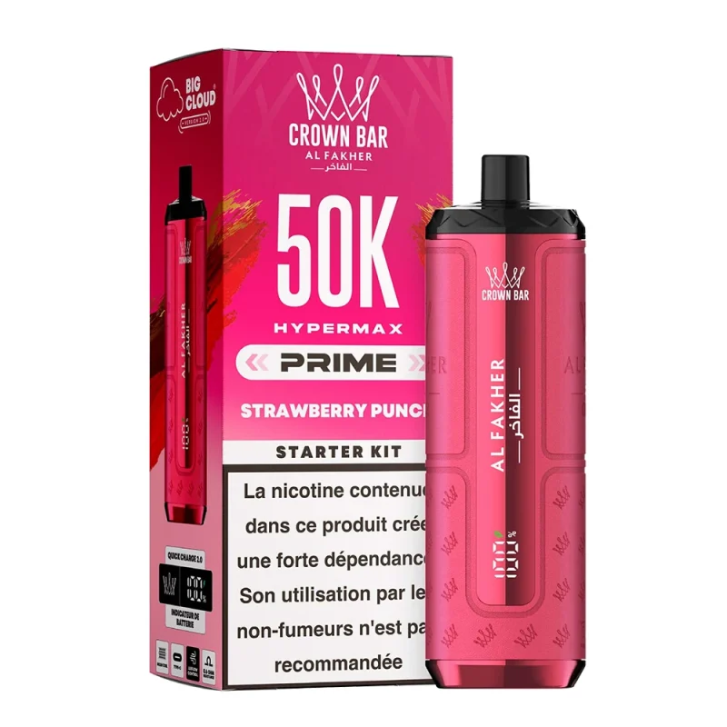 puff al fakher 50k hyper max prime strawberry punch - puff 50 000 bouffées avec 6mg de nicotine - Crown Bar, puff façon chicha - goût fraise pastèque