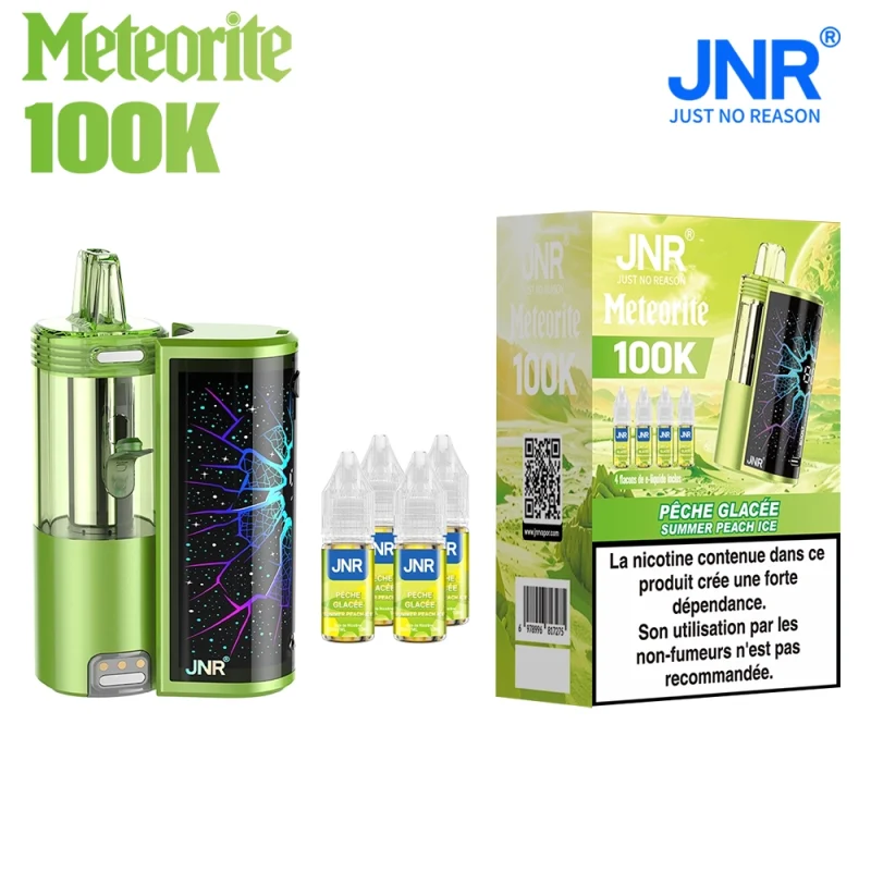 JNR 100K MEteorite - puff rechargeable 100000 bouffées llivrée avec 4 flacons de eliquide JNR Summer peach ice (peche glacée)