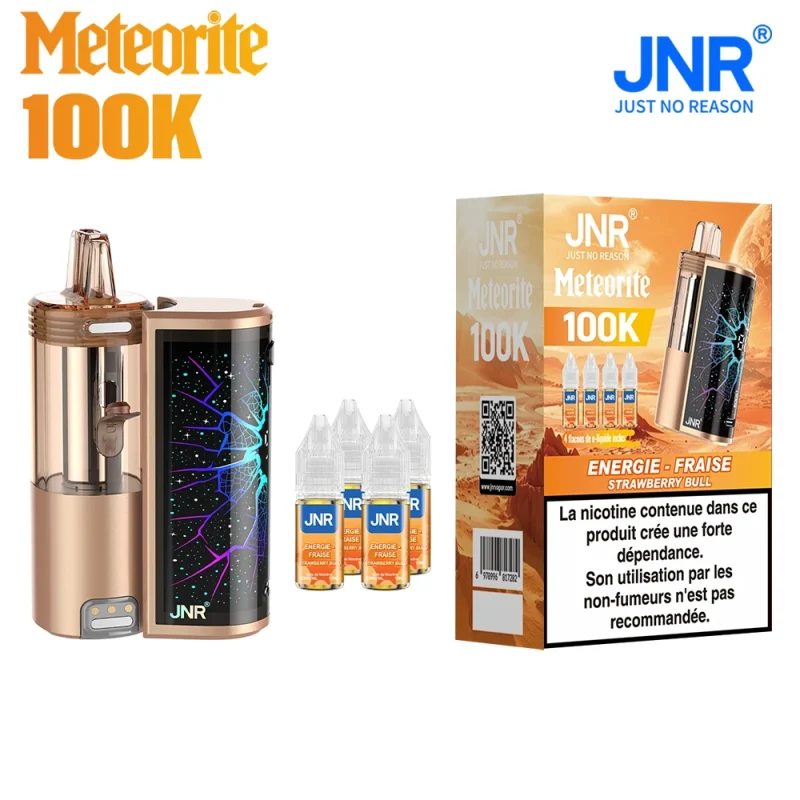 JNR 100K MEteorite - puff rechargeable 100000 bouffées llivrée avec 4 flacons de eliquide JNR Strawberry bull (fraise redbull)