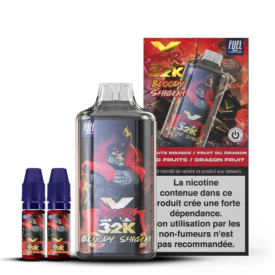 Puff XFIGHTER Bloody Shigeri - 32 000 bouffées - Kit complet avec 2 flacons de e-liquide FIghter Fuel Bloody Shigeri 10 ml sans nicotine.