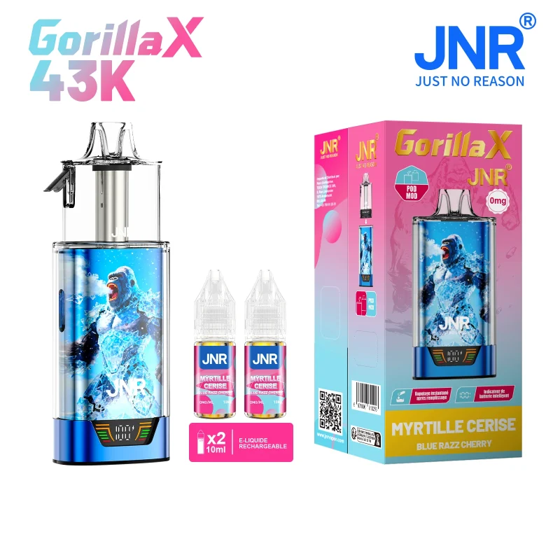 Puff JNR Gorilla livrée avec 2 fioles d'e-liquide gout Blue Razz Cherry sans nicotine (0mg/ml)