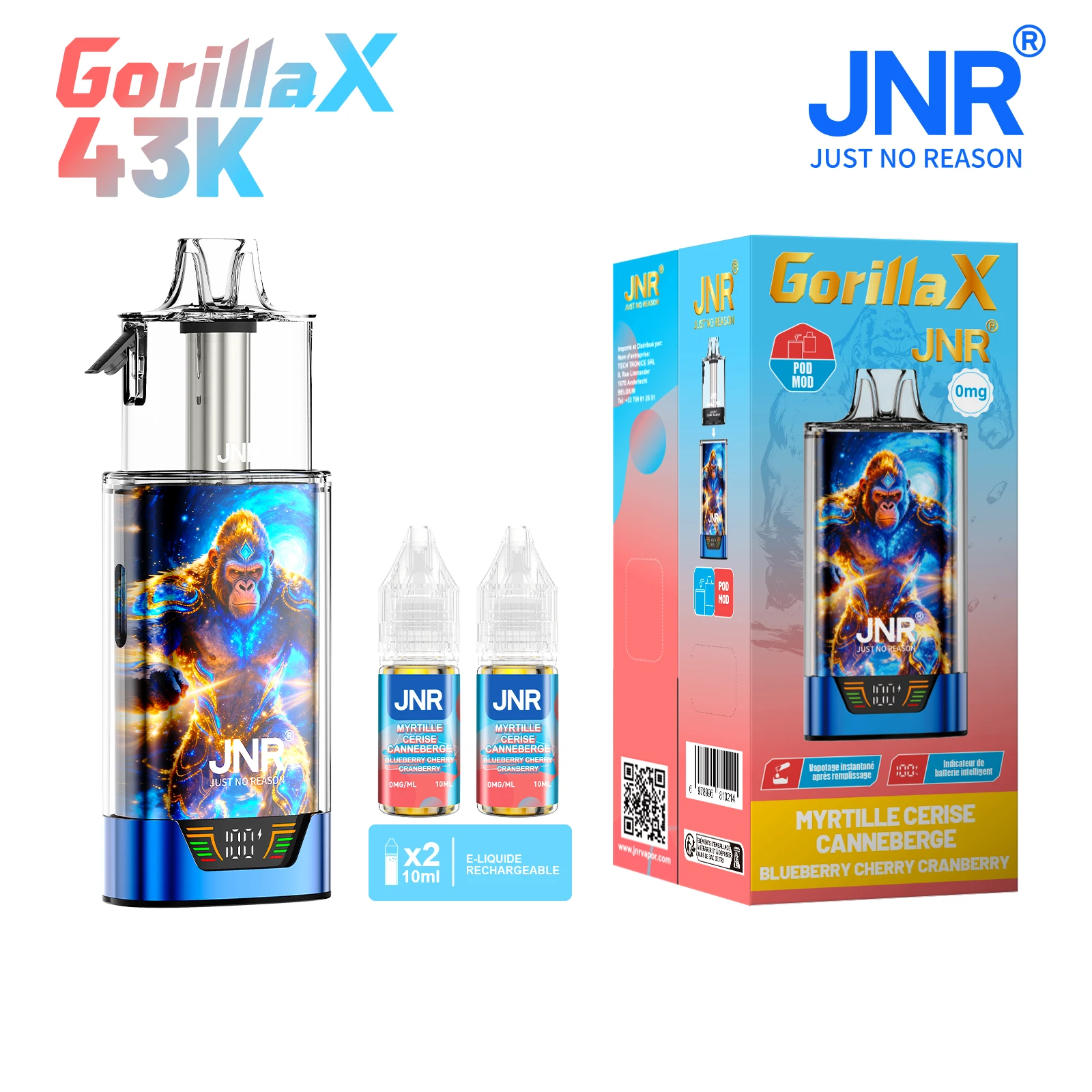 JNR Gorilla Blueberry Cherry Cranberry sans nicotine - 2 flacons d'e-liquide JNR 0 mg/ml