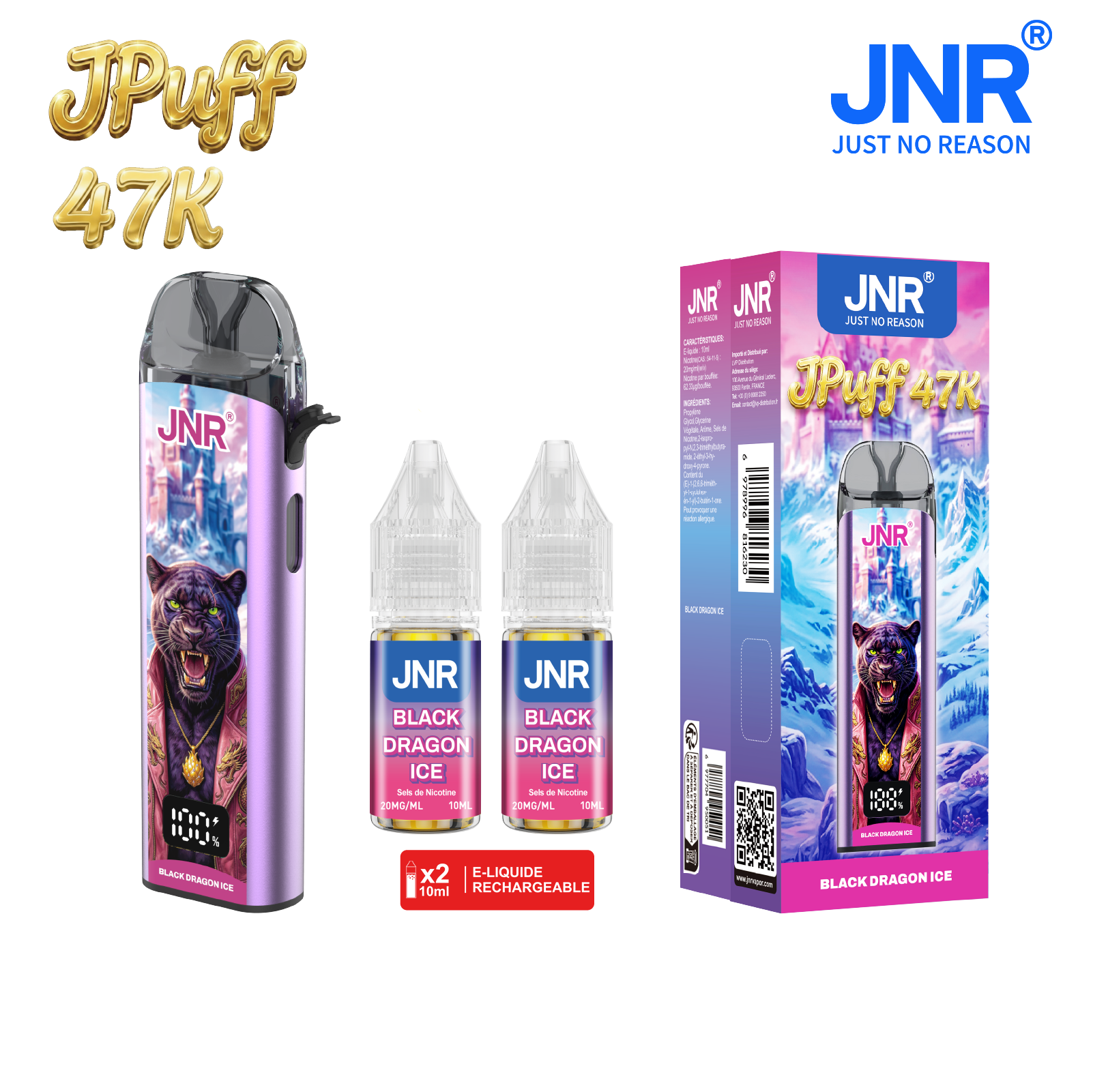 JNR Black Dragon Ice - Puff JPUFF 47000 bouffées livrée avec 2 flacons d'e-liquide.