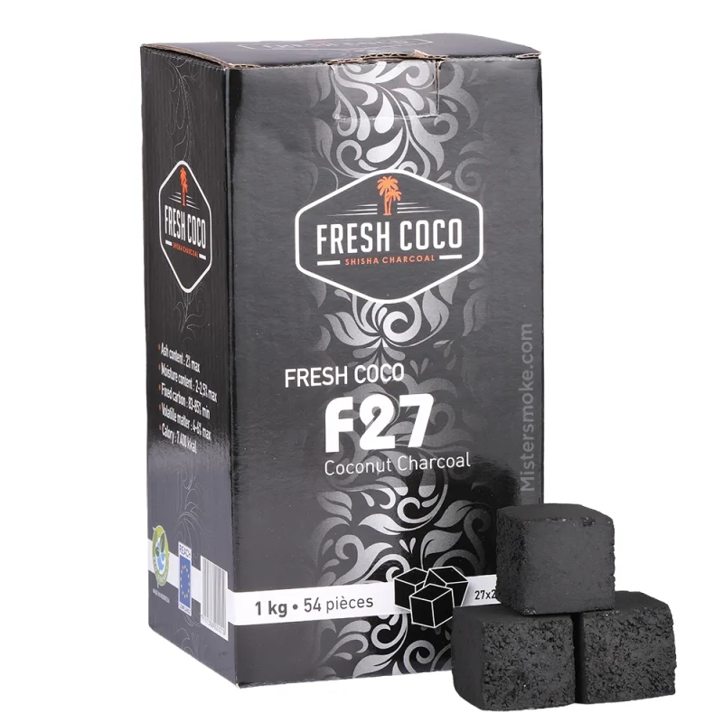 Fresh coco F27 -Charbon naturel pour chicha - Fabriqué à partir d'écorces de noix de coco - cubes de 27 mm de diamètre, idéal sur brohood.