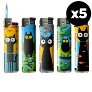 briquets décorés chats - lot de 5 briquets rechargeables avec flamme bleue tempête